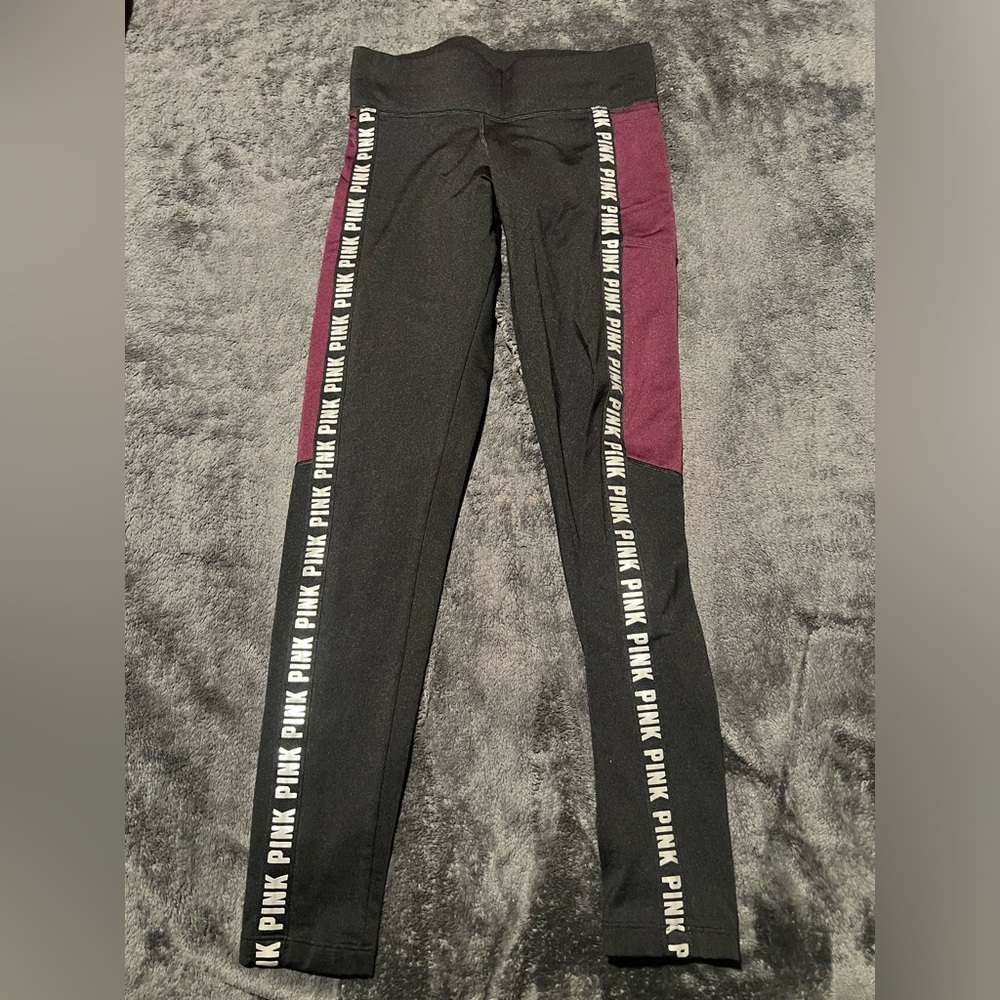 PINK by Victoria Secret S cozy black leggings silver band down legs & maroon